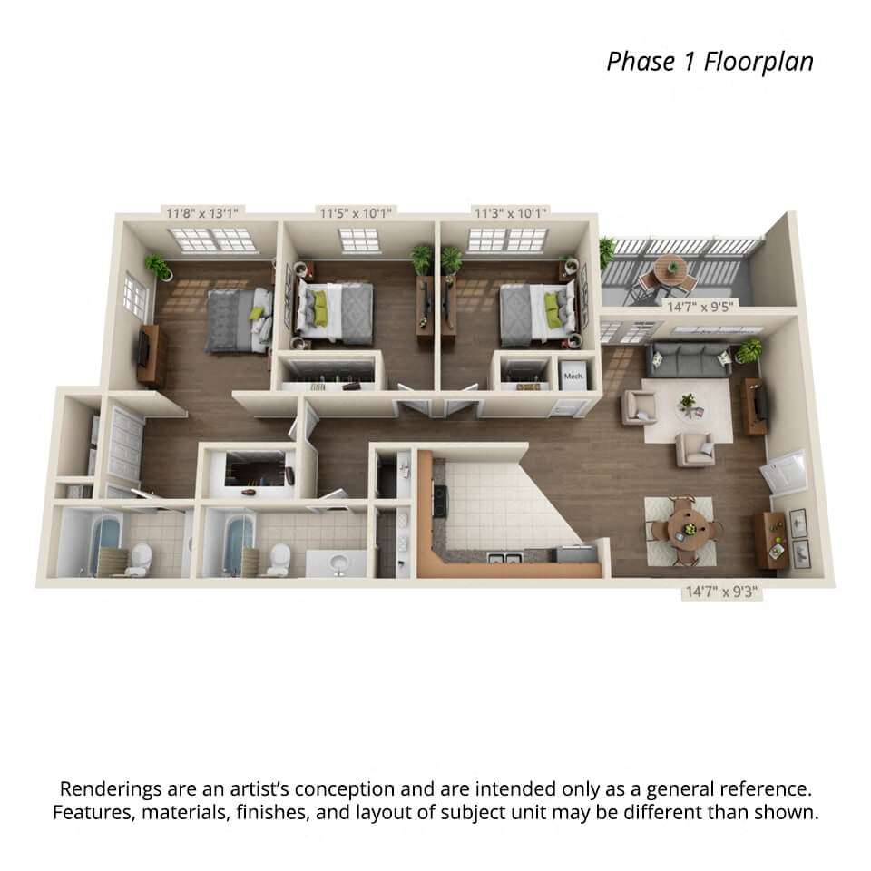 Floor plan for 3 beds, 2 baths, 1400 sqft